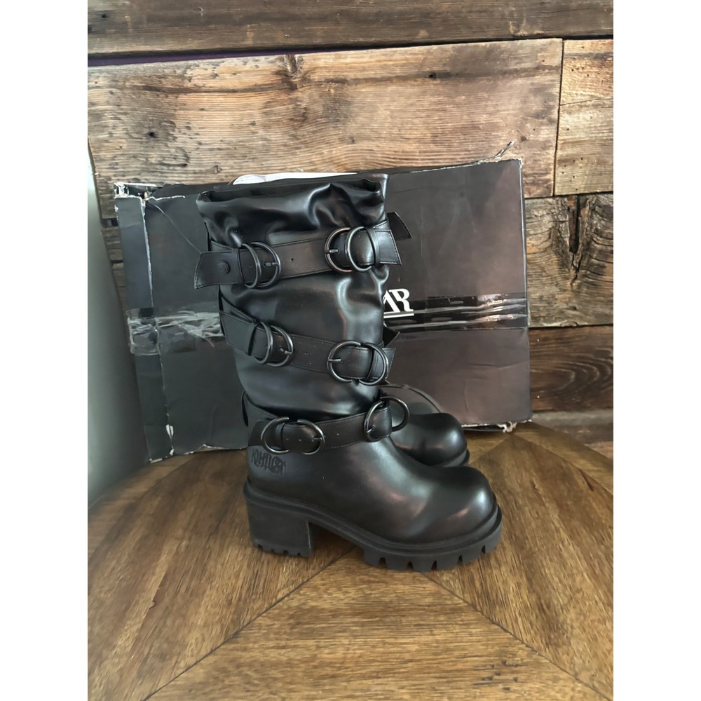 Killstar Bleak Night Black Buckle O-Ring Platform Mid-Calf Boots Gothic Lug Sole